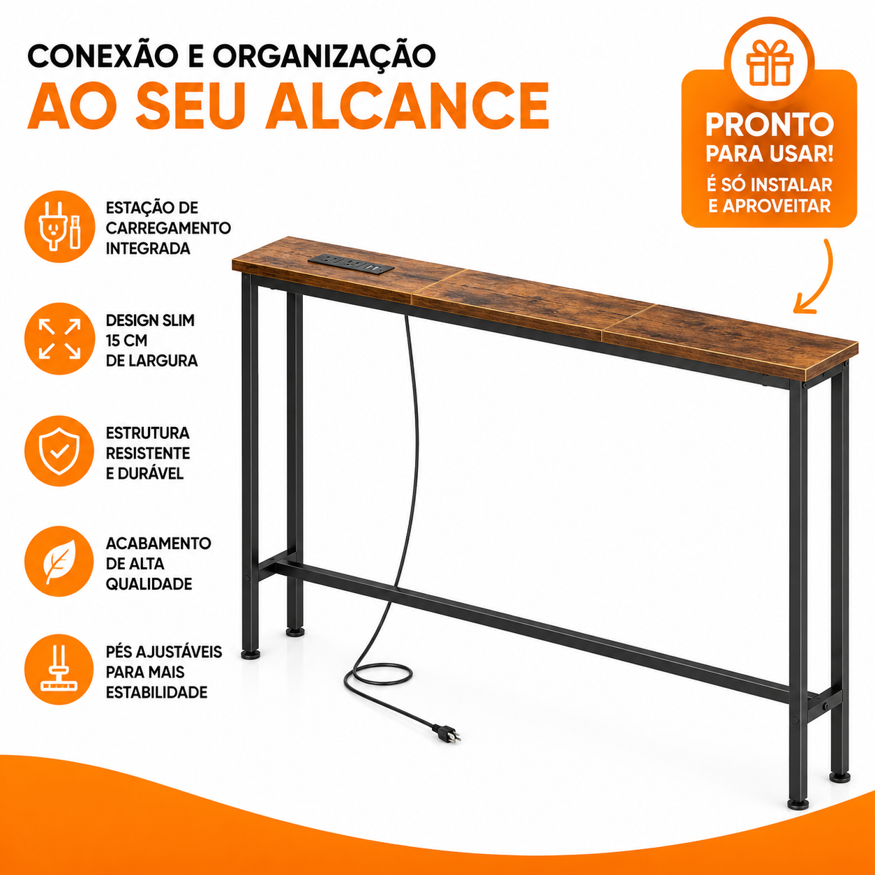 Aparador Fino para Sofá com Tomada e USB Integrados